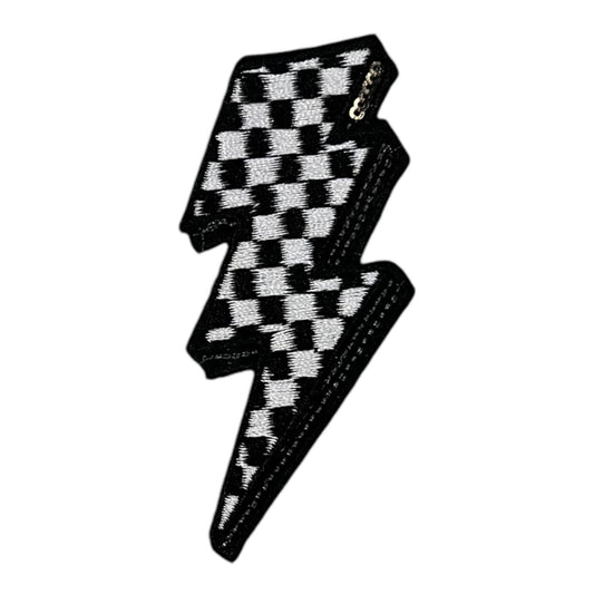 Checkered Lightning Sequin Bolt Patch, Black- 2.75"
