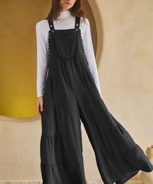 Lace Tiered Wide Leg Romper-black