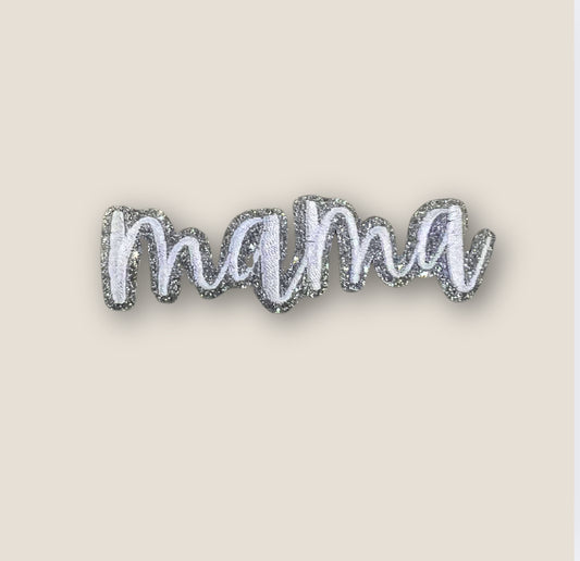 Mama Script Glitter Patch, White- 3.75"