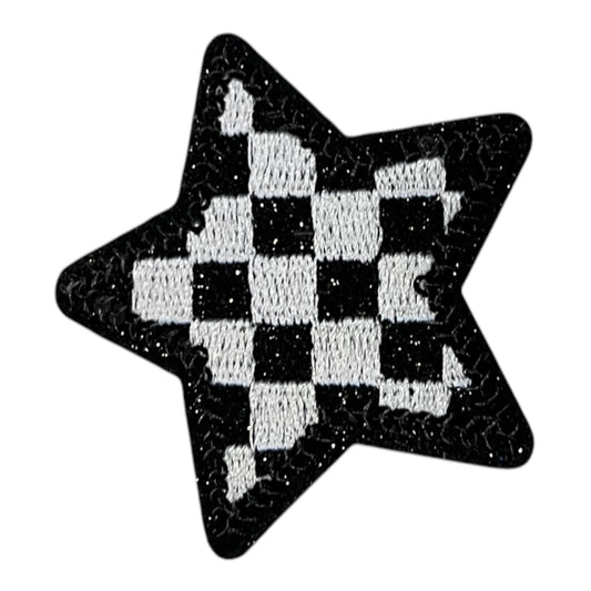 Checkered Star Patch, Black- 2.1"