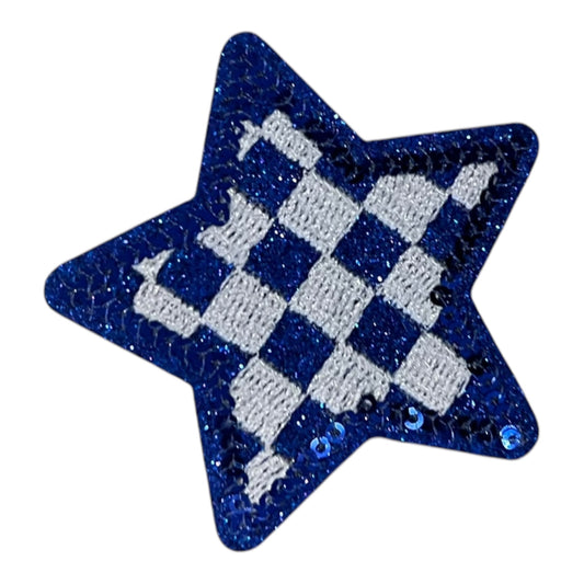 Checkered Star Glitter Patch, Blue-2.1"