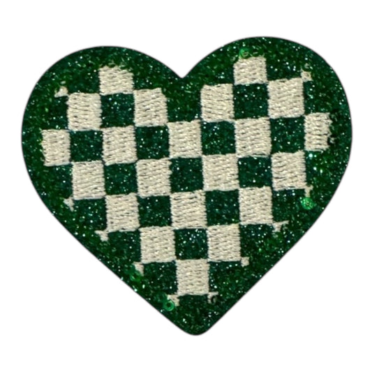 Checkered Heart Glitter Patch, Green- 2.1"