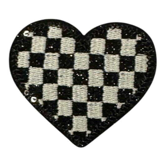 Checkered Heart Glitter Patch, Black- 2.1"