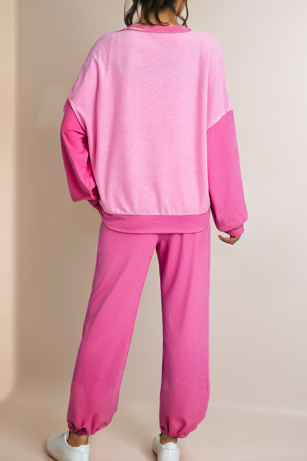 Color BlockDrawstring Joggers Set- Pink
