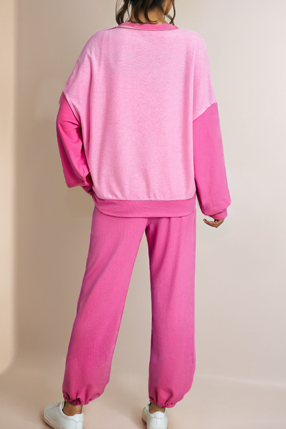 Color BlockDrawstring Joggers Set- Pink