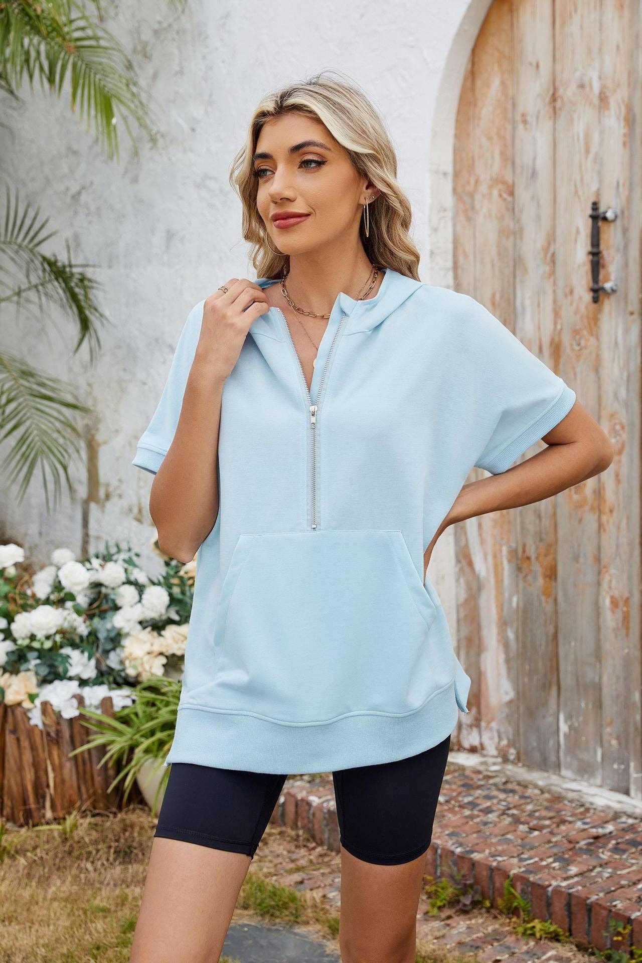 Hooded Short Sleeve Zipper Pocket Sweatshirt