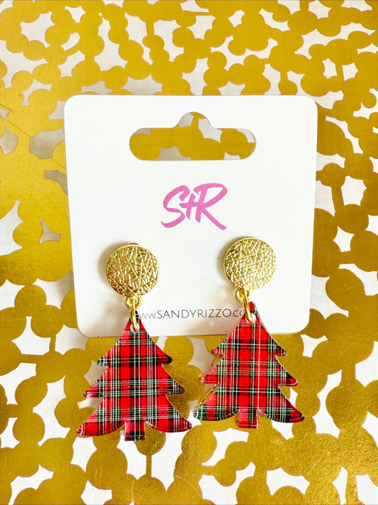 Red Plaid Acrylic Petite Tree Dangle Earring
