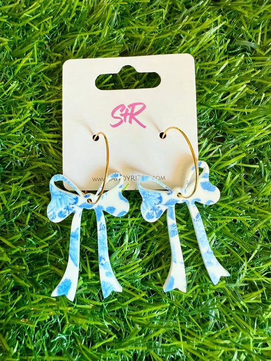 Blue Willow Acrylic Bow Earring on a Hoop