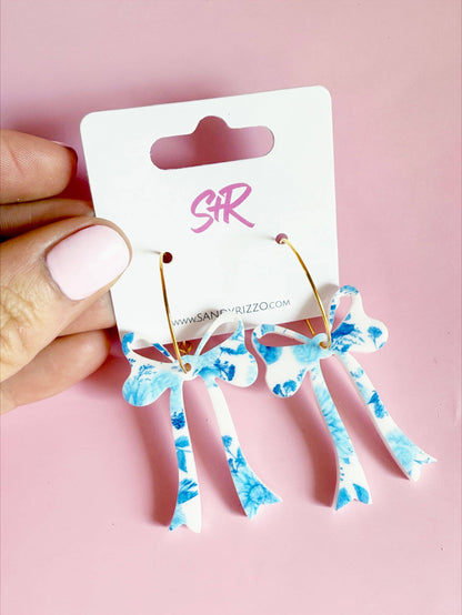 Blue Willow Acrylic Bow Earring on a Hoop