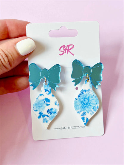 Blue Willow Acrylic Ornament Dangle Earring with Blue Bow