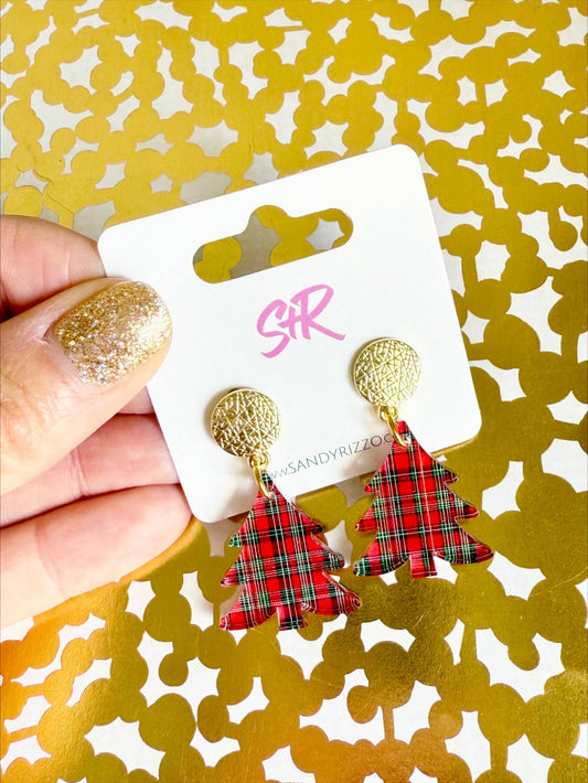 Red Plaid Acrylic Petite Tree Dangle Earring