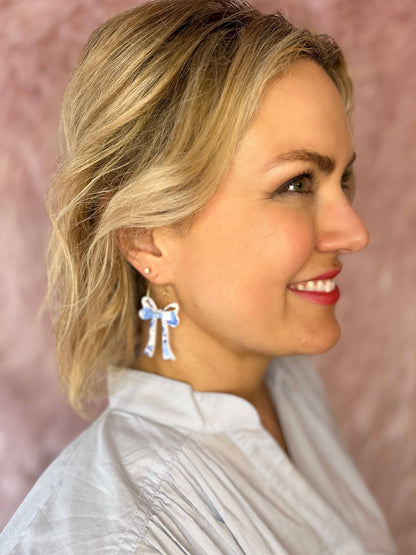 Blue Willow Acrylic Bow Earring on a Hoop