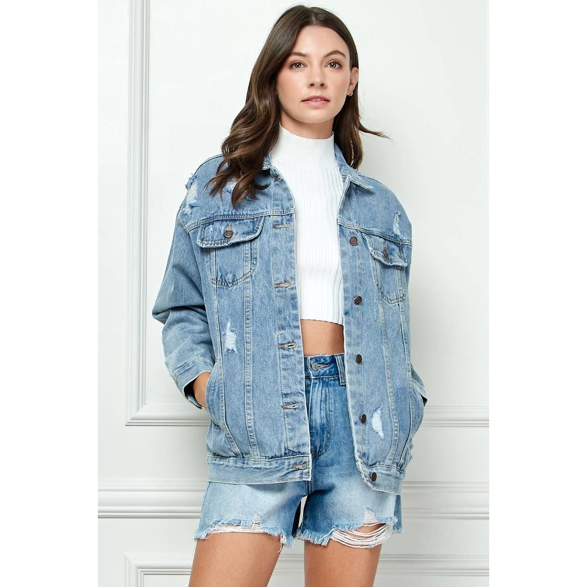 Classic Oversized Denim Jacket- Med Wash Distressed