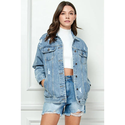 Classic Oversized Denim Jacket- Med Wash Distressed